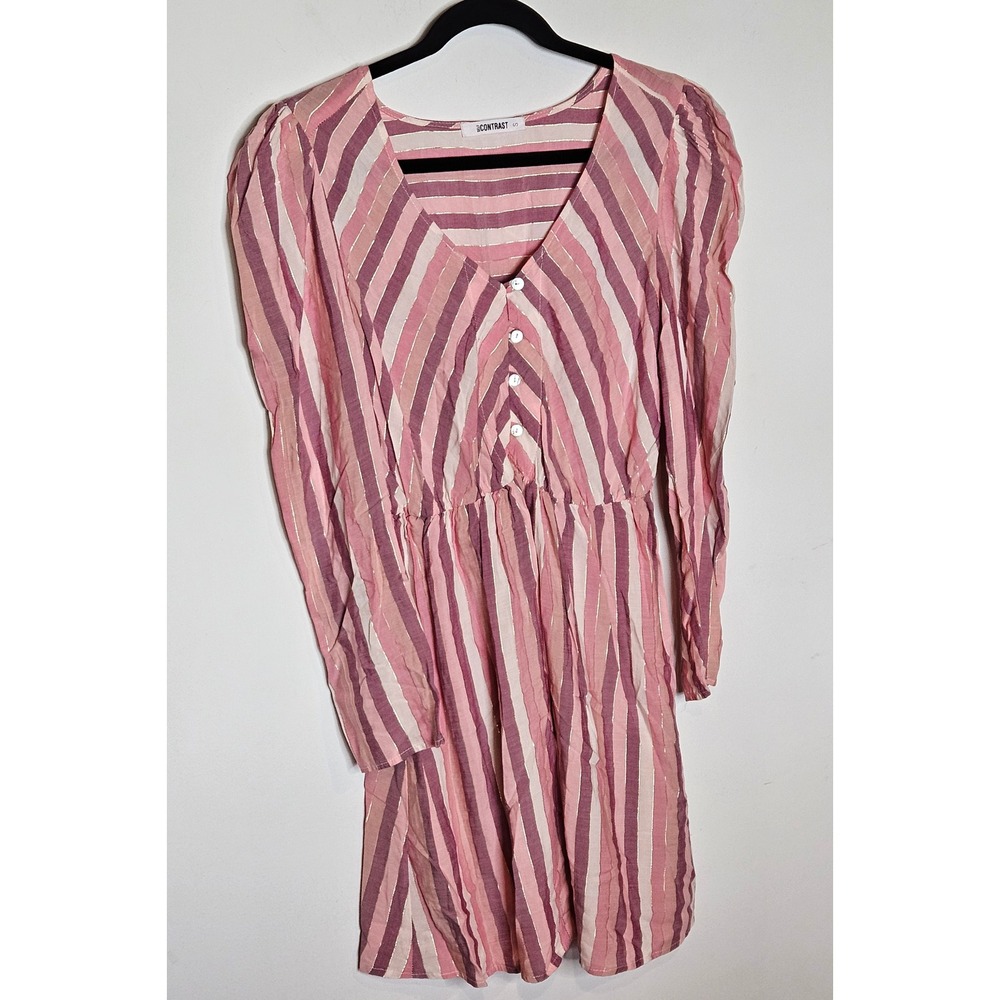 Revolve Self Contrast Striped Mini‎ Dress V Neck Long Sleeve Pink Purple Small